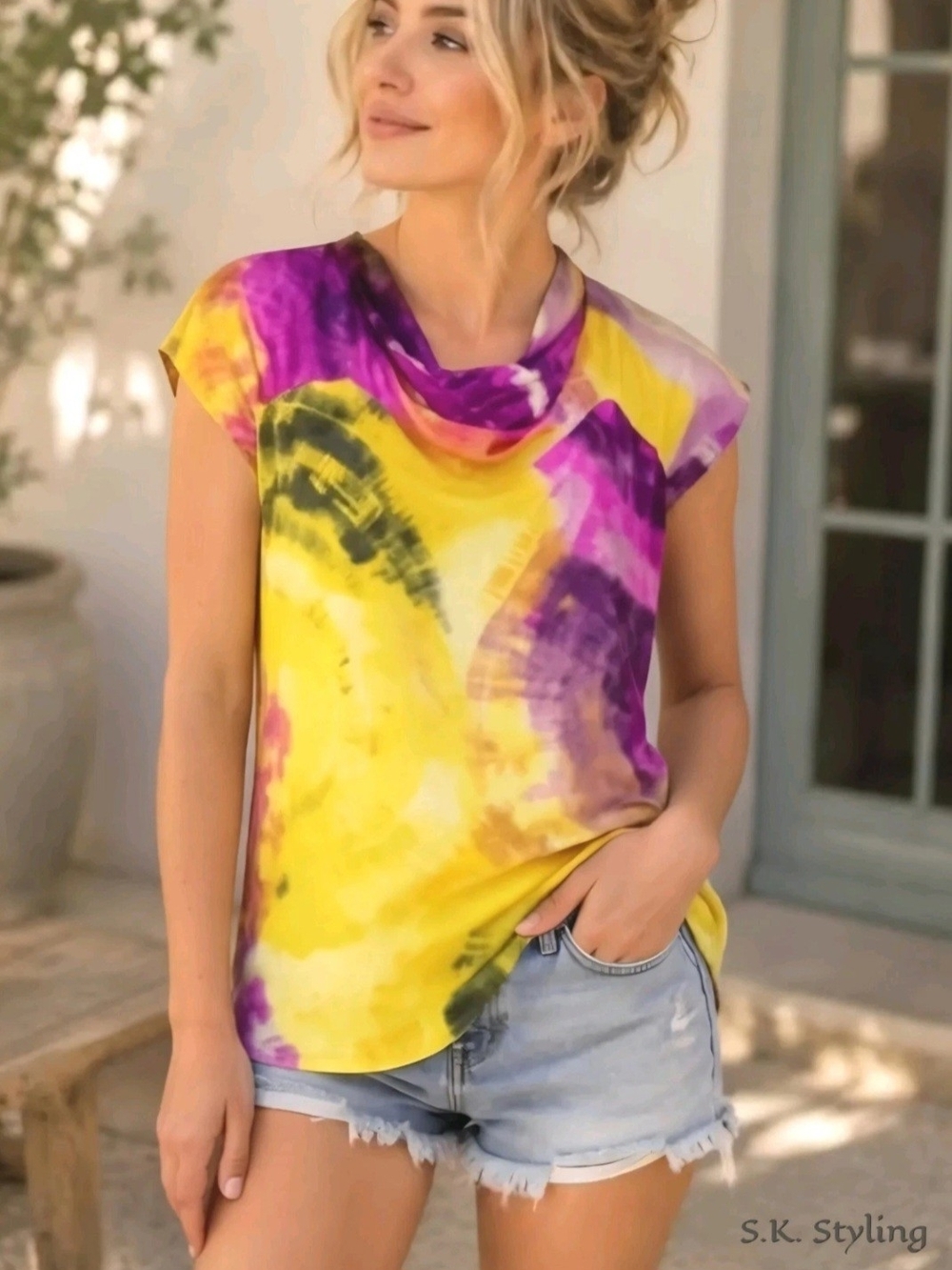 Zara Basic 100% Silk Abstract Watercolor Cowl Neck Blouse Yellow Purple L